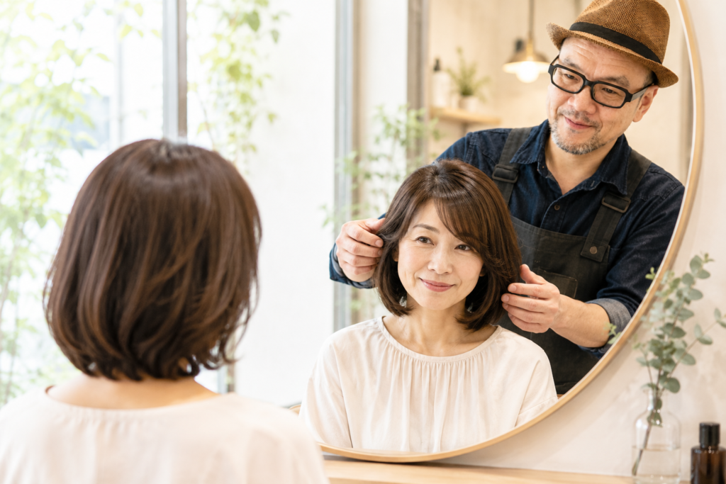 カット後の髪のシルエットを鏡越しに確認する40代・50代女性。乾かすだけでまとまる自然な丸みとツヤのあるヘアスタイル。
