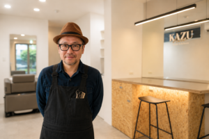 大阪市生野区の髪質・頭皮改善専門サロンKAZU Hair Atelier&Rebornの店内で、自然な表情で立つオーナー美容師。柔らかな自然光と少しぼかした背景が落ち着いた雰囲気を演出している。