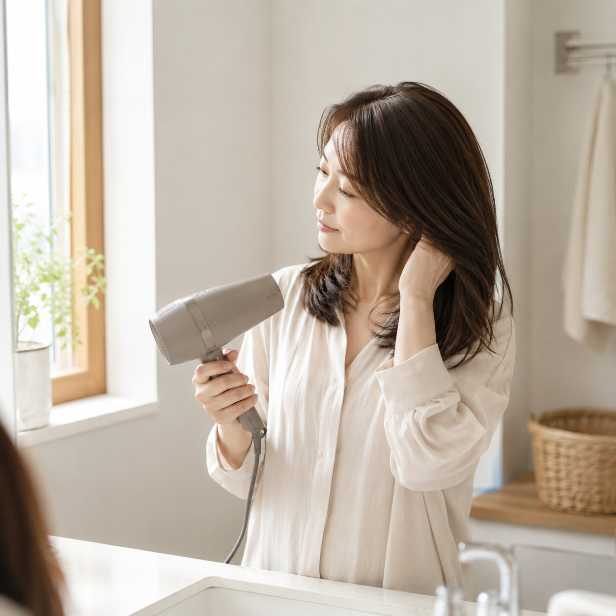 40代・50代女性が自宅でドライヤーを使いながら髪を乾かしている様子。毎日のホームケアでも再現しやすい自然なまとまりが伝わる風景。