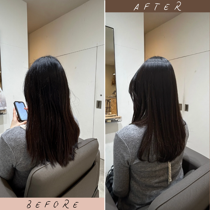 縮毛矯正施術前後の比較写真。うねりや広がりが目立つ髪が、自然な丸みと艶を残しながらまとまりのある髪へ変化。