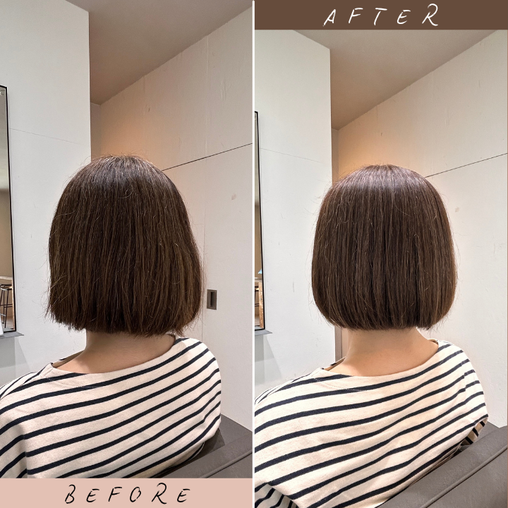美髪メンテナンスカットと髪質改善ヘアエステ後のビフォーアフター。40代・50代女性の髪が自然な丸みとツヤのある、まとまりやすいヘアスタイルへ変化した様子。