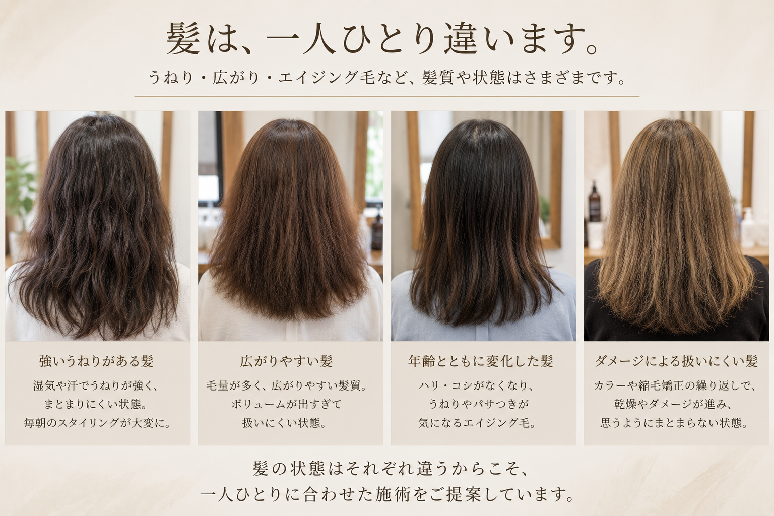 うねり・広がり・エイジング毛など、一人ひとり異なる髪質に合わせたご提案 うねり・広がり・エイジング毛・ダメージ毛など、異なる髪質のお客様を比較し、一人ひとりの髪の状態に合わせた施術をご提案するイメージ画像。