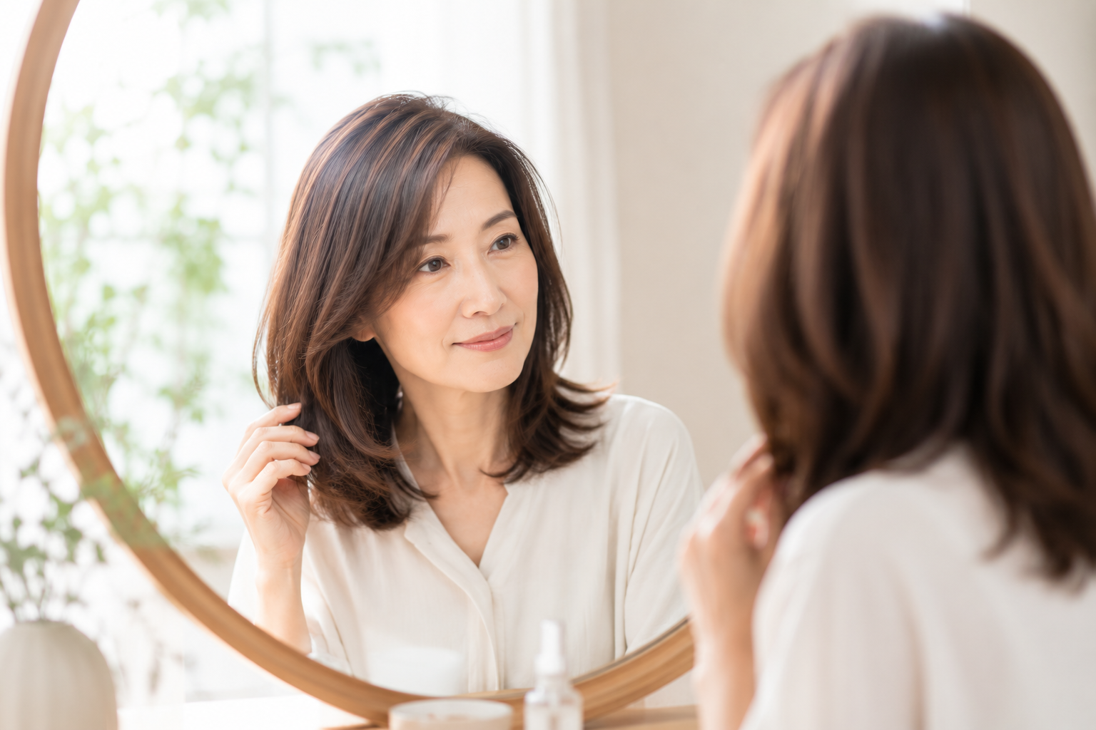 40代・50代女性が自然光の中でツヤのある髪を見せている様子。年齢に合わせたヘアカラーを考えるイメージ