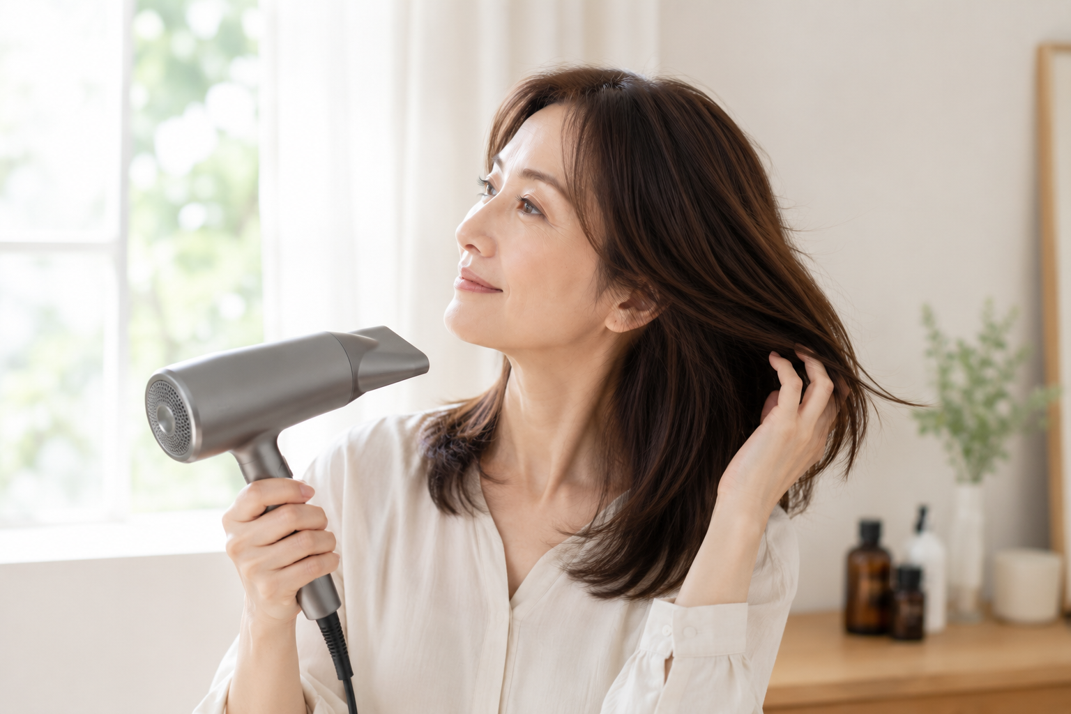 ドライヤーで髪を乾かす40代・50代女性。髪質改善カラーで乾かすだけでもツヤとまとまりのある髪を目指すイメージ