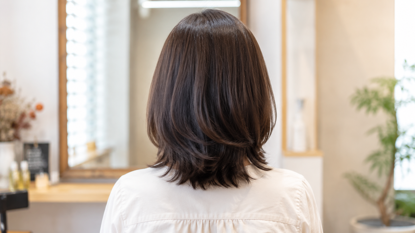乾かすだけで自然にまとまる、40代〜50代女性の艶髪の後ろ姿