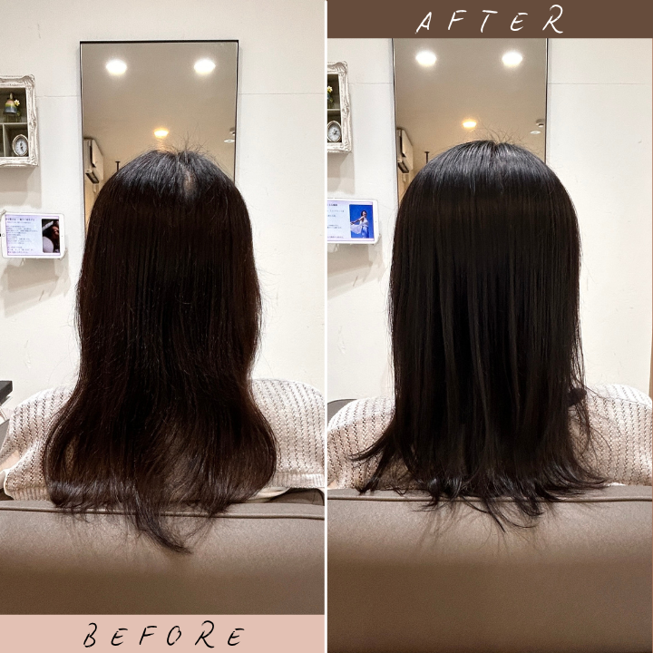 ヘアマニキュア施術前後の比較。頭皮への刺激に配慮しながら、白髪を自然にカバーしてツヤのある髪へ仕上げた事例