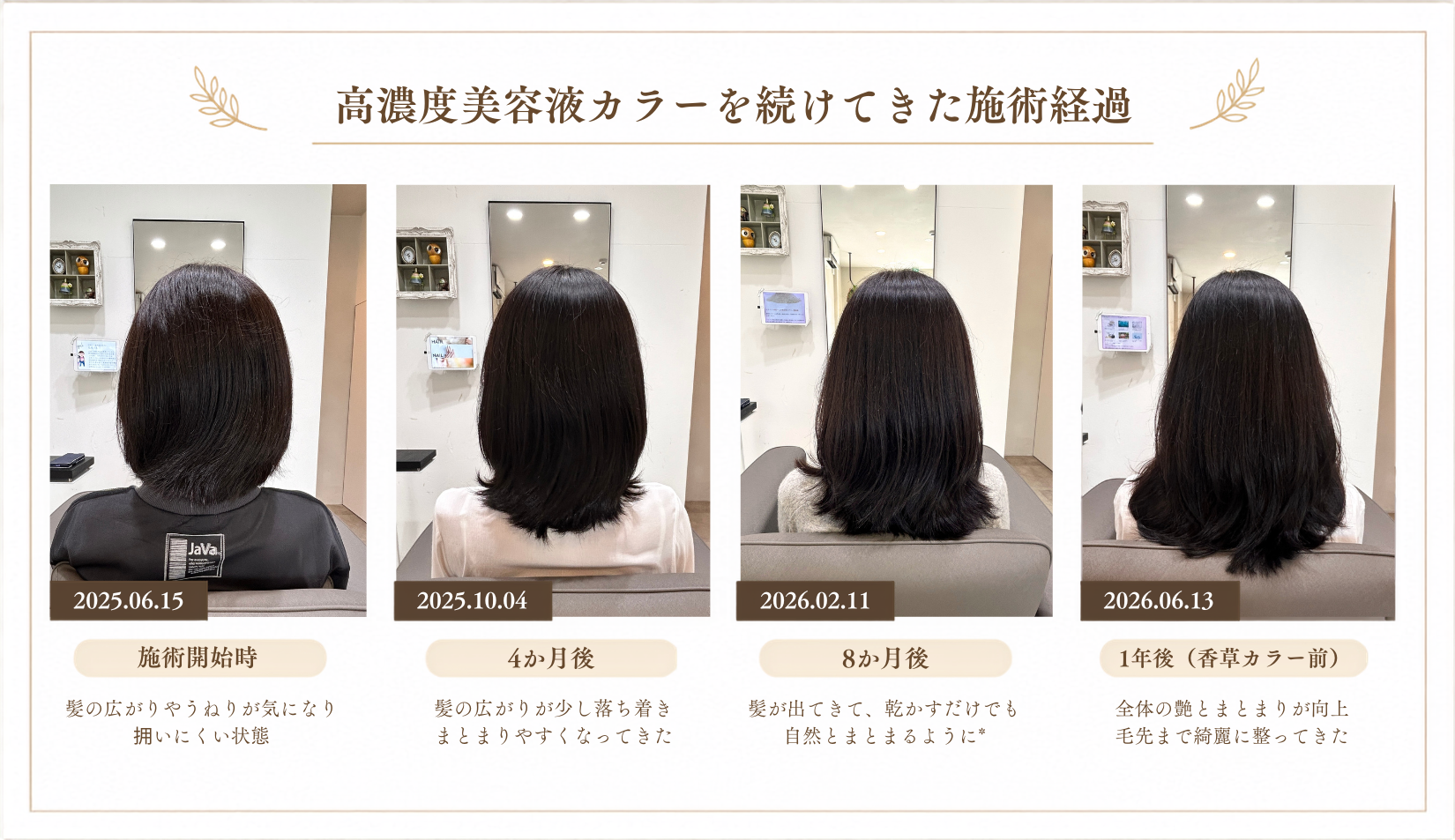 高濃度美容液カラーを続けてきた施術経過 撮影時期や施術時点が分かる比較写真画像