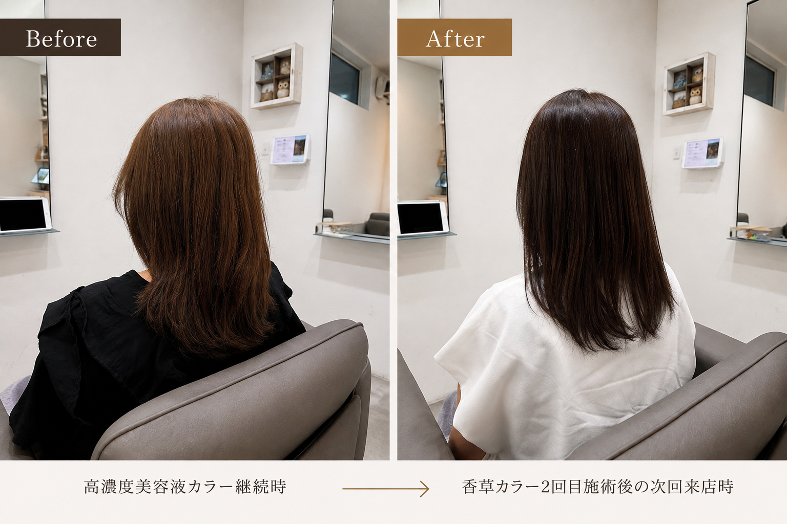 高濃度美容液カラーを継続していた時期と、香草カラー2回目後の次回来店時の髪を比較した施術経過