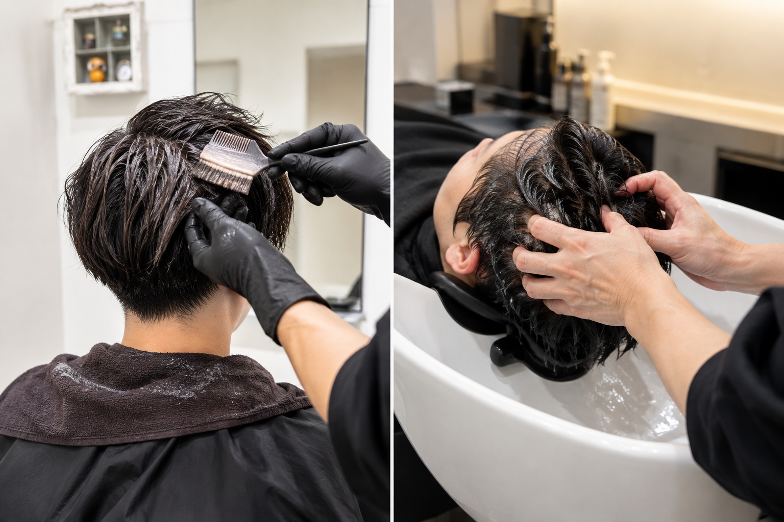 高濃度美容液カラーの塗布と、シャンプー台で髪質・頭皮改善ヘアエステを行う施術風景