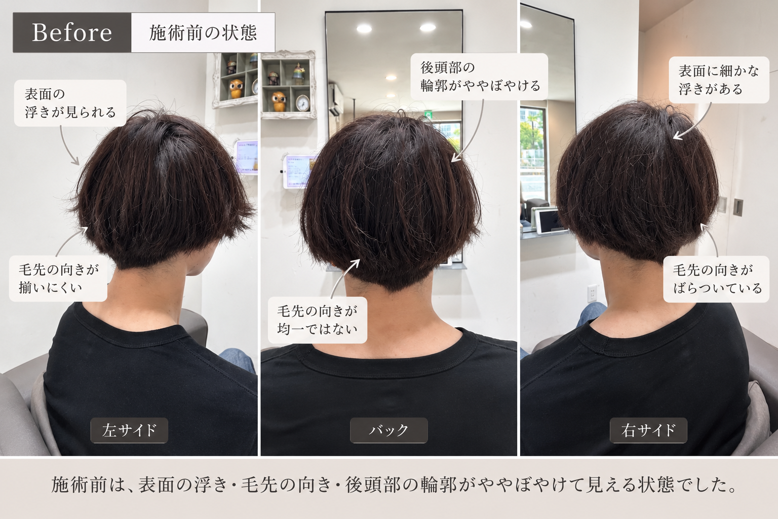 施術前の30代男性の髪。表面の浮き、毛先の向き、後頭部の輪郭を左右と後ろから比較した状態