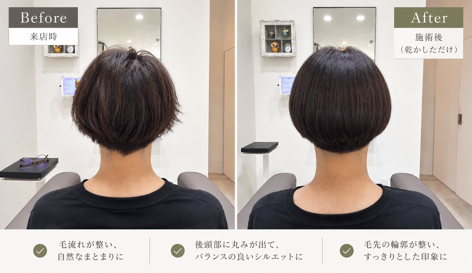 左に来店時、右に施術後の乾かしただけの状態。同じ角度と明るさで、毛流れ・後頭部の丸み・毛先の輪郭が分かる比較写真