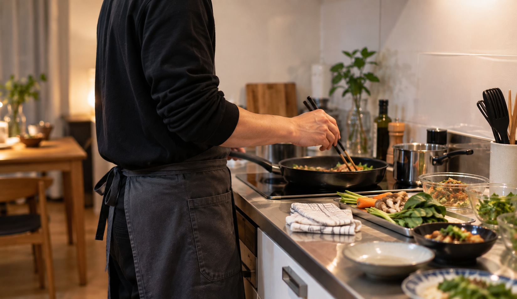 サロンの仕事を終えたあと、家族の晩御飯をキッチンで作っている手元