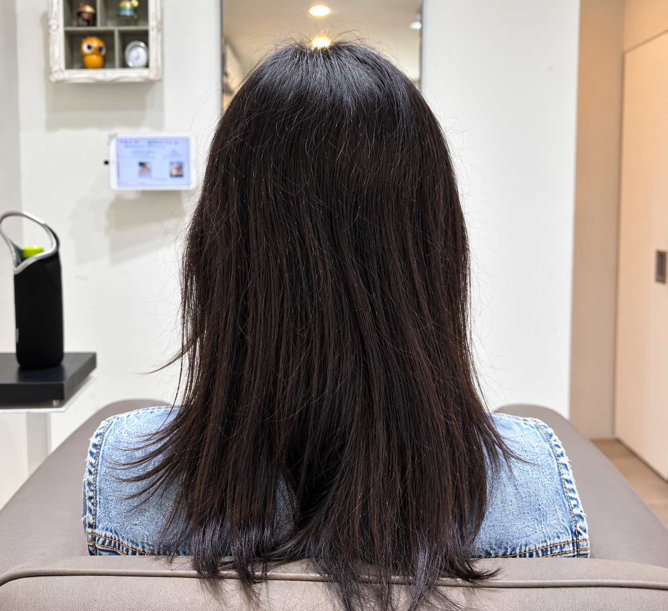 施術前の髪を後ろから撮影し、根元から毛先までの広がりや毛流れ、まとまりを確認している様子